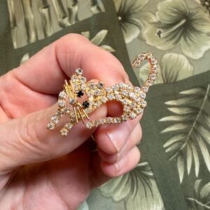 Vintage Gold Toned Crystal Cat Brooch